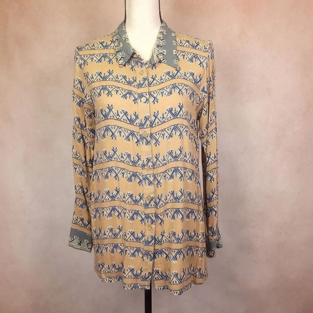 Anthropologie Bel Kazan Tan Khaki Geometric Print Long Sleeve Button Down Shirt